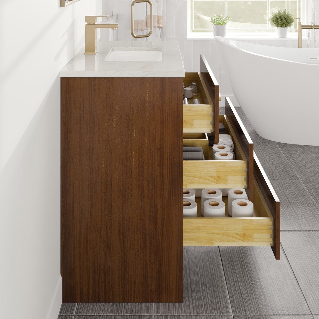 Curio 30 in. Walnut Single Sink Bath Vanity with Carrara Quartz Top and Undermount Porcelain Sink - Bathroom Vanity by Eviva