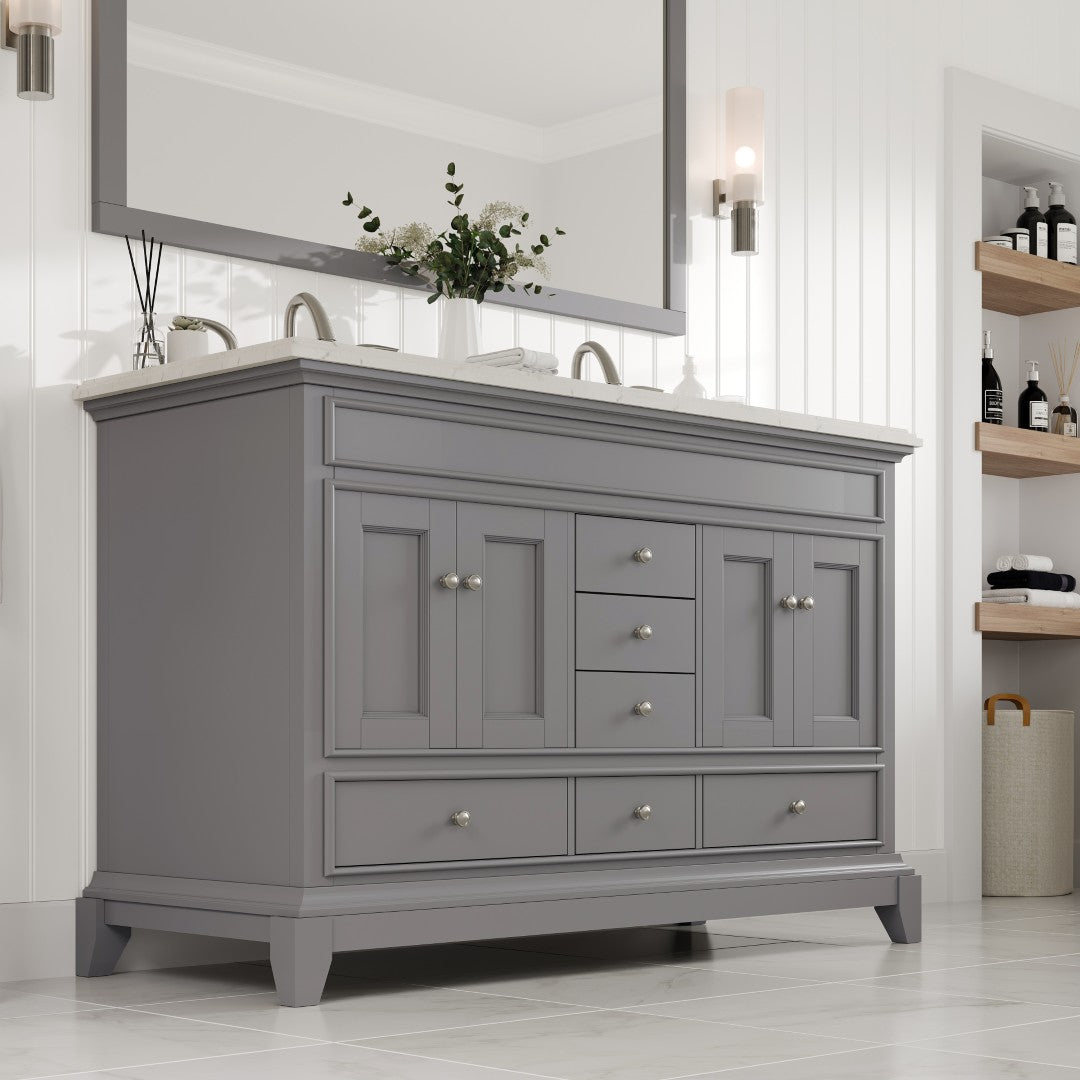 Elite Stamford 48 in. Gray Double Sink Bath Vanity with Carrara Quartz Top and Undermount Porcelain Sinks