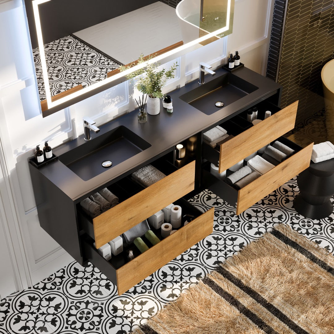 Vienna 75" Black Oak Wall Mount Double Sink  Bath Vanity with Acrylic Top and Integrated Sinks