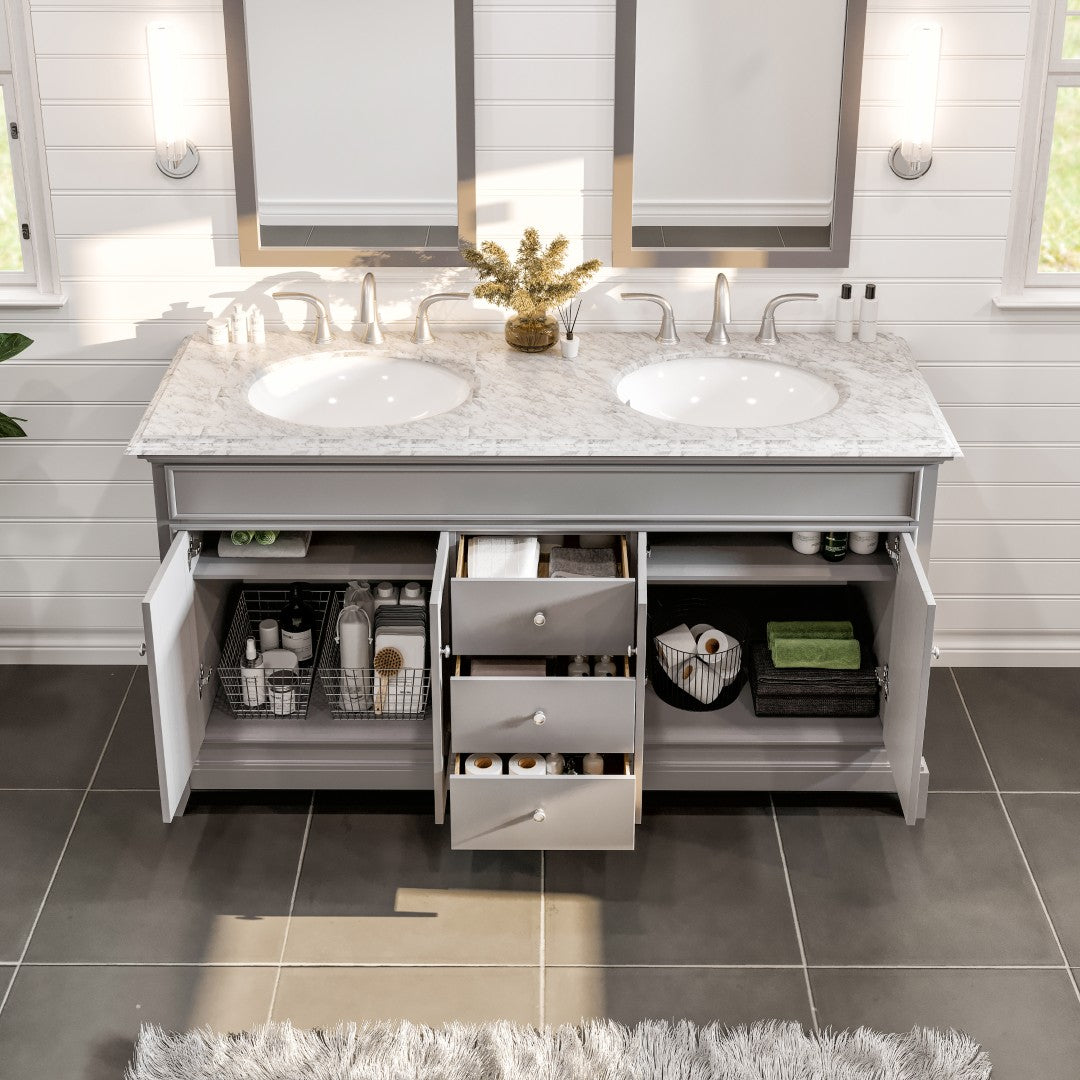Elite Stamford 60 in. Gray Double Sink Bath Vanity with Marble Top and Undermount Porcelain Sinks