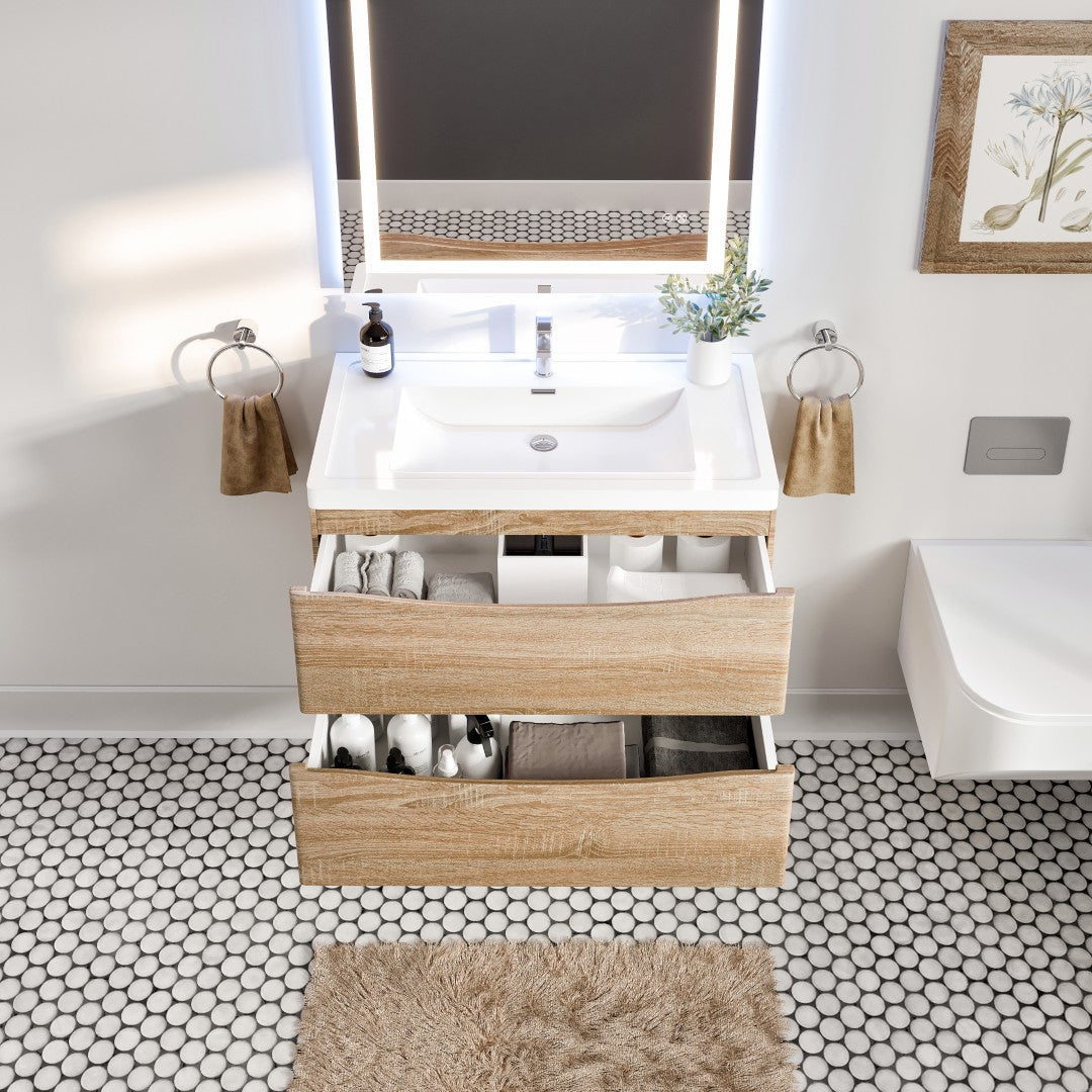 Smile 36 in. White Oak Wall Mount Single Sink Bath Vanity with Acrylic Top and Integrated Sink