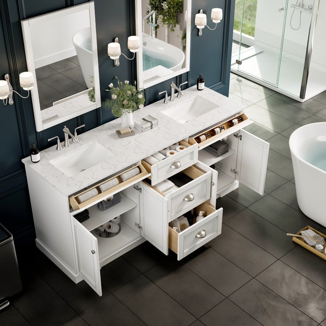 Epic 72 in. White Double Sink Bath Vanity with Carrara Quartz Top and Undermount Porcelain Sinks