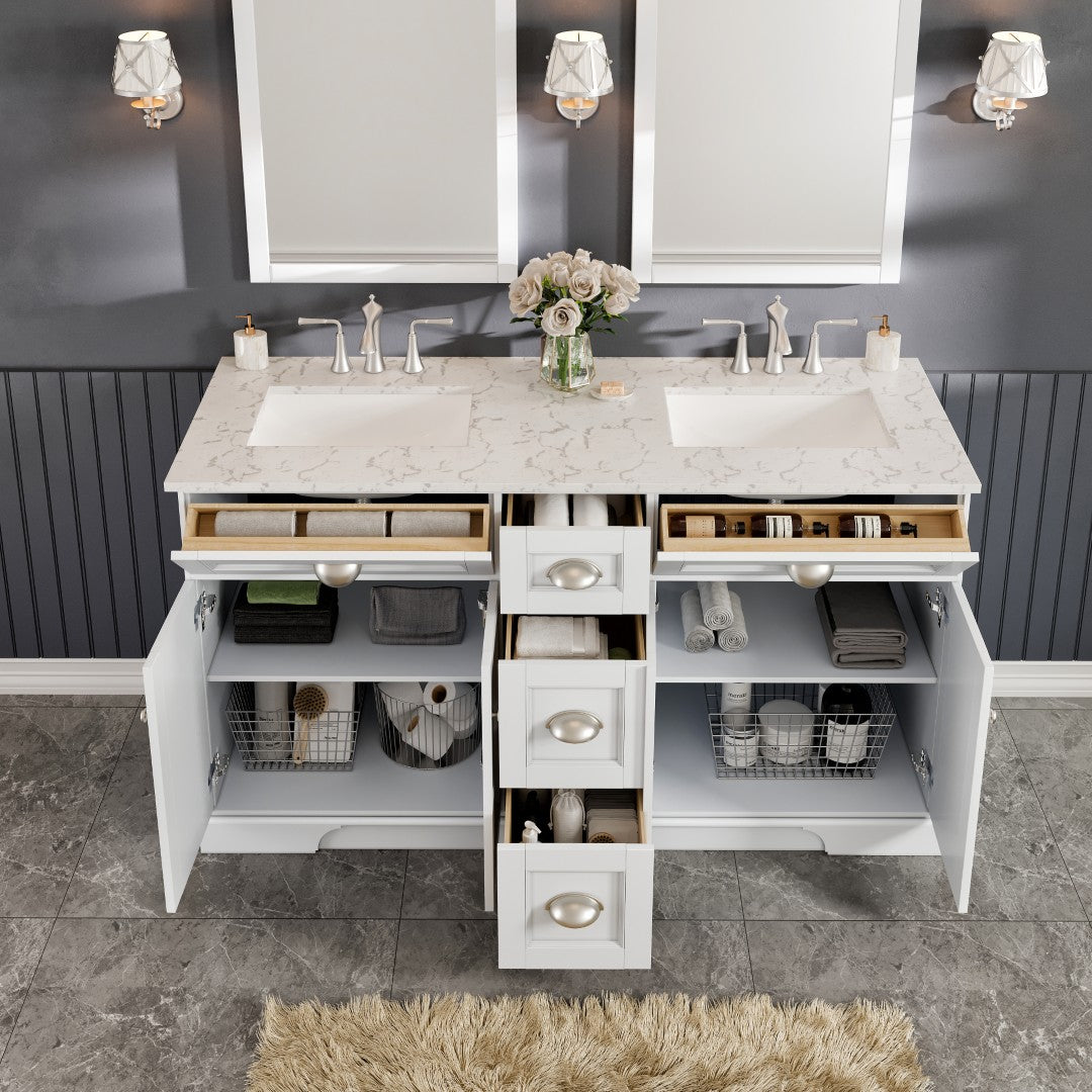Epic 60 in. White Double Sink Bath Vanity with Carrara Quartz Top and Undermount Porcelain Sinks