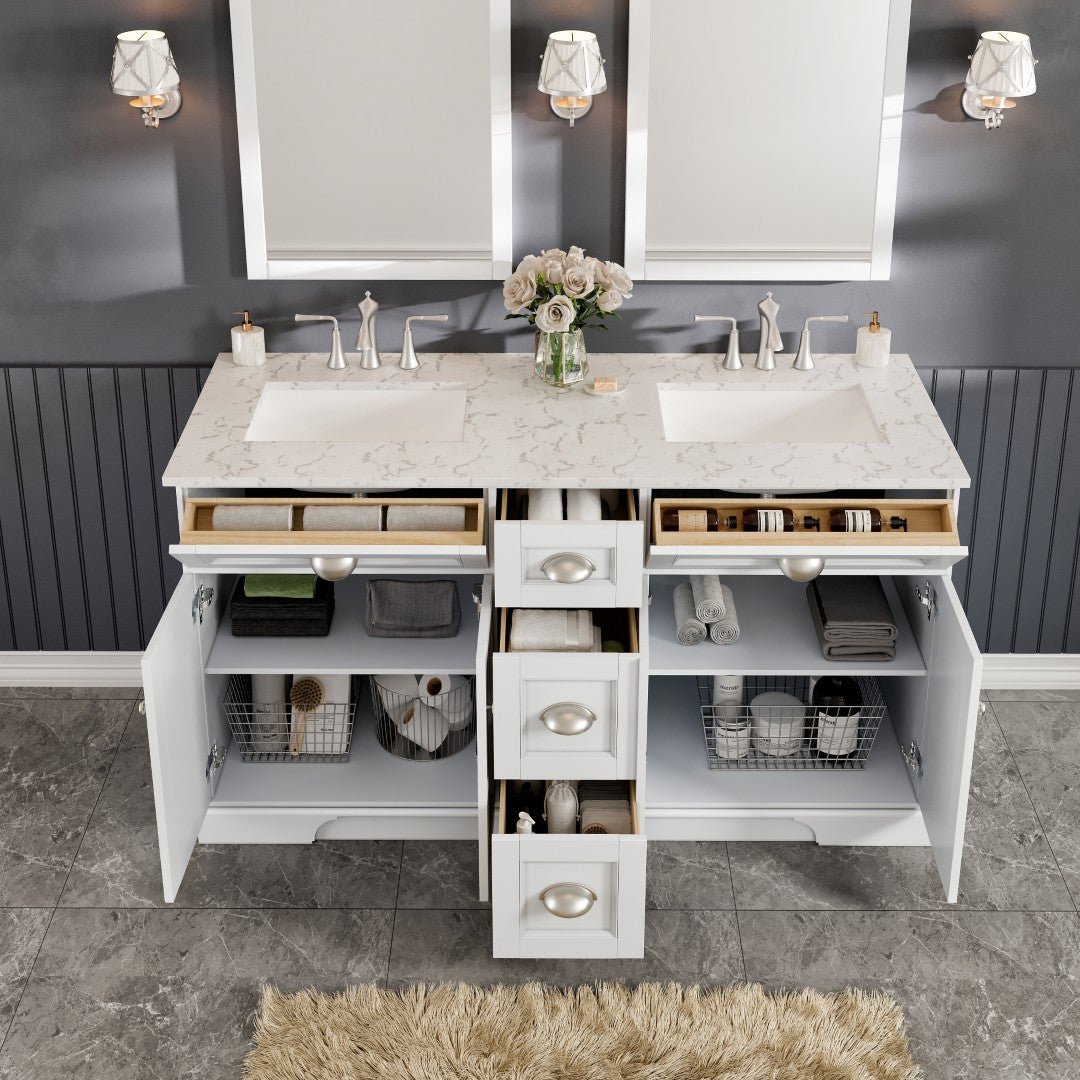 Epic 60 in. White Double Sink Bath Vanity with Carrara Quartz Top and Undermount Porcelain Sinks - Bathroom Vanity by Eviva
