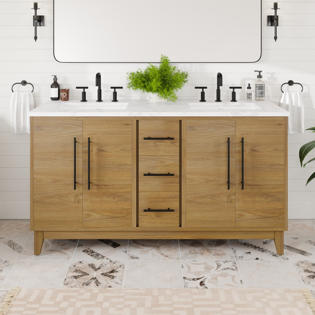 Graham 60 in. Oak Double Sink Bath Vanity with Arabescato Engineered Stone Top and Undermount Porcelain Sinks