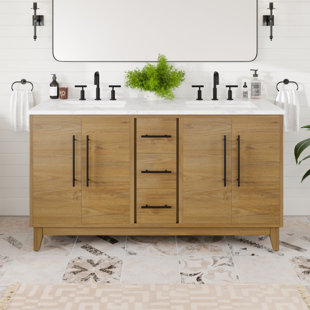 Graham 60 in. Oak Double Sink Bath Vanity with Arabescato Engineered Stone Top and Undermount Porcelain Sinks - Bathroom Vanity by Eviva