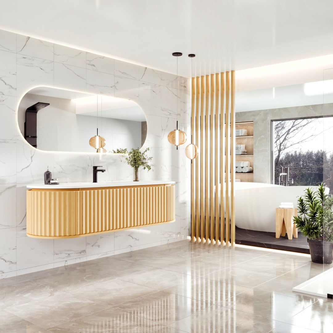 Haven 64 in. Natural Oak Wall Mount Single Sink Bath Vanity with Solid Surface Top and Integrated Sink