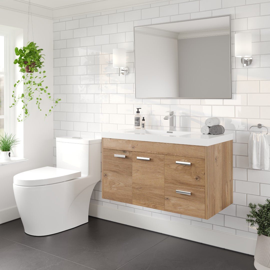 Lugano 36 in. Natural Oak Wall Mount Single Sink Bath Vanity with Acrylic Top and Integrated Sink - Bathroom Vanity by Eviva