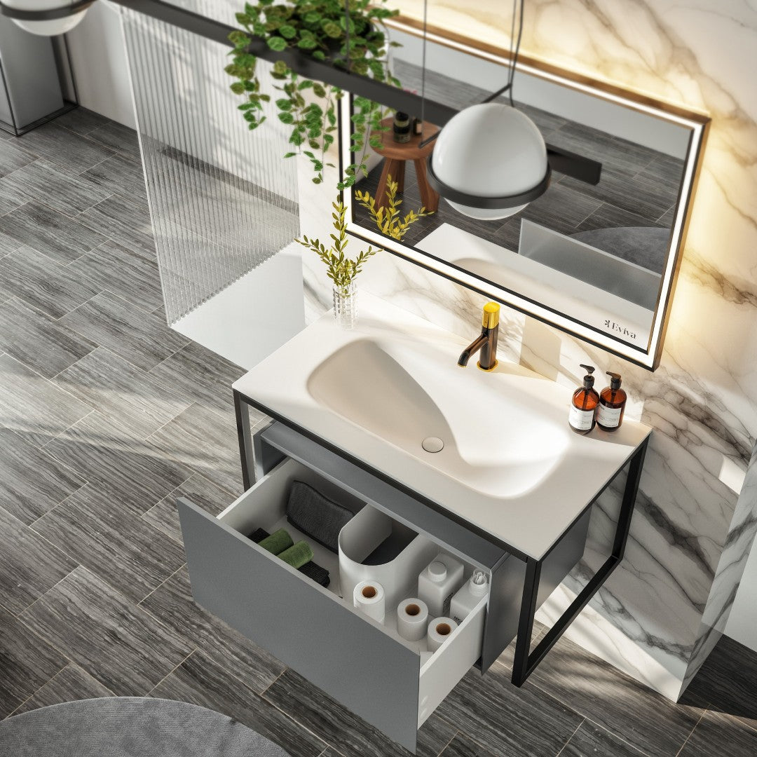 Modena 32 in. Gray Wall Mount Single Sink Bath Vanity with Solid Surface Top and Integrated Sink