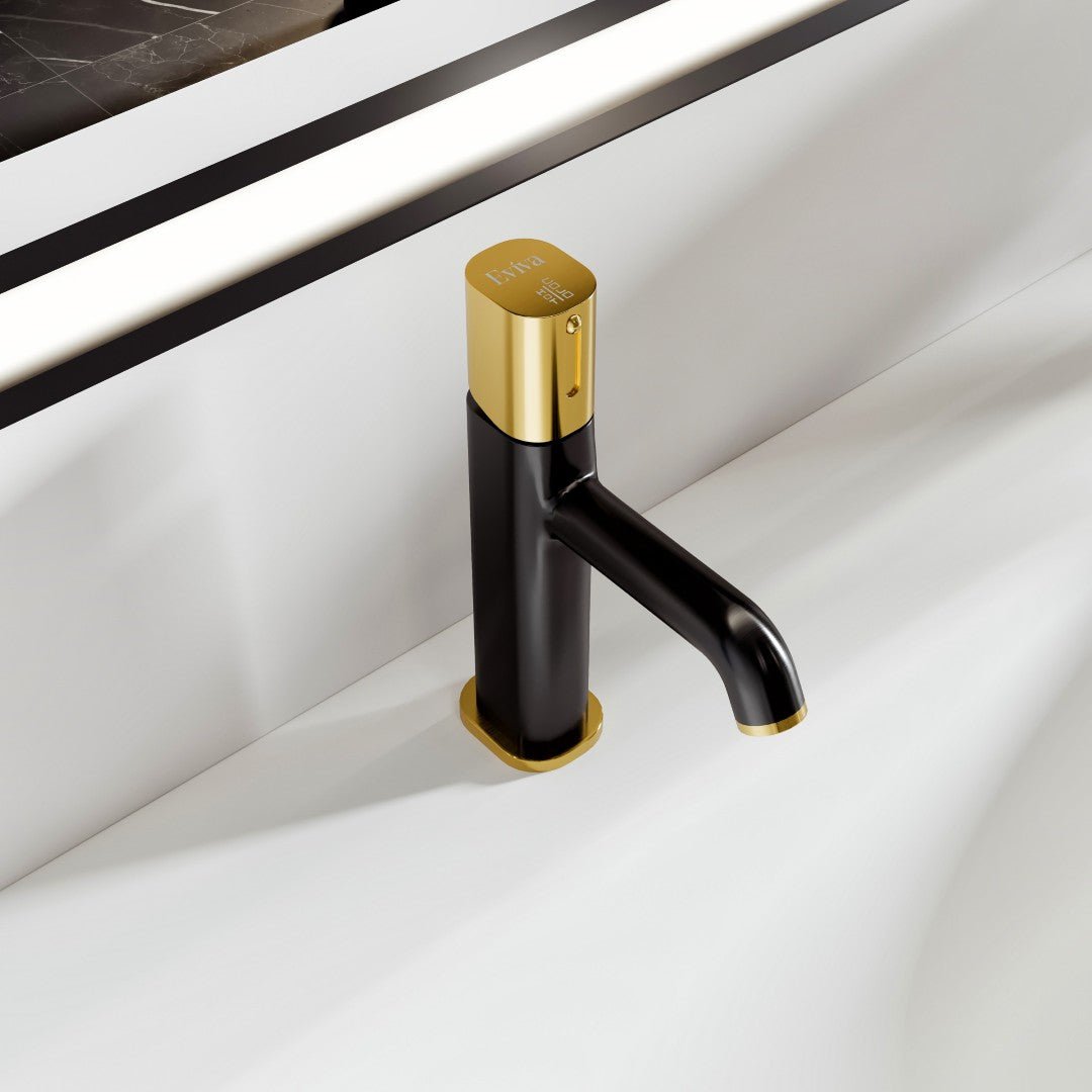 Eviva Eclair Single - Handle Straight Single - Hole Bathroom Faucet with Gold Handle and Spout Tip with Deckplate Included in Matte Black - Bathroom Faucet by Eviva