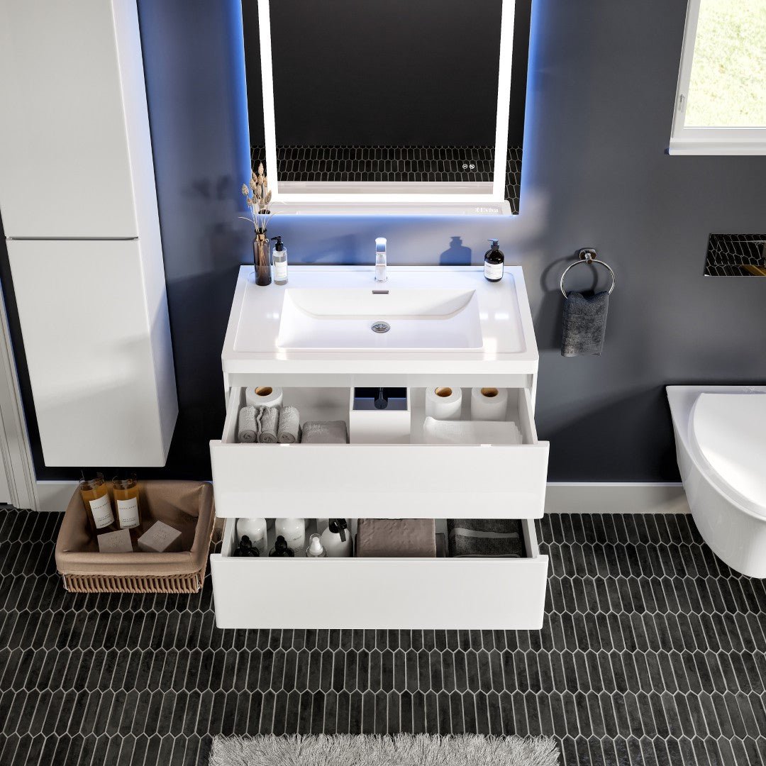 Glazzy 36 in. White Wall Mount Single Sink Bath Vanity with Acrylic Top and Integrated Sink - Bathroom Vanity by Eviva