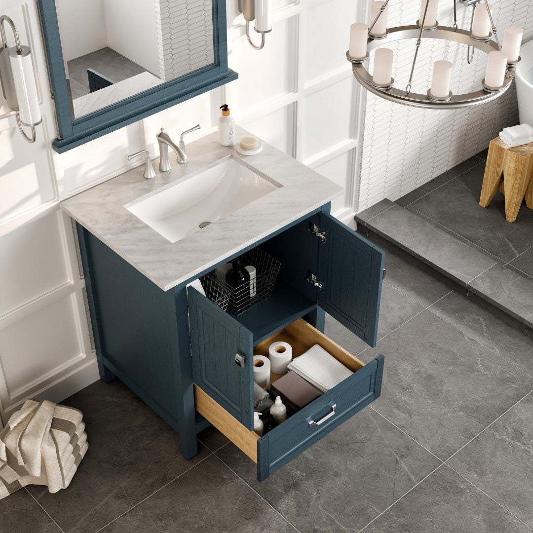 Eviva Britney 30 Inch Transitional Ash Blue Bathroom Vanity with Carrera Marble Top
