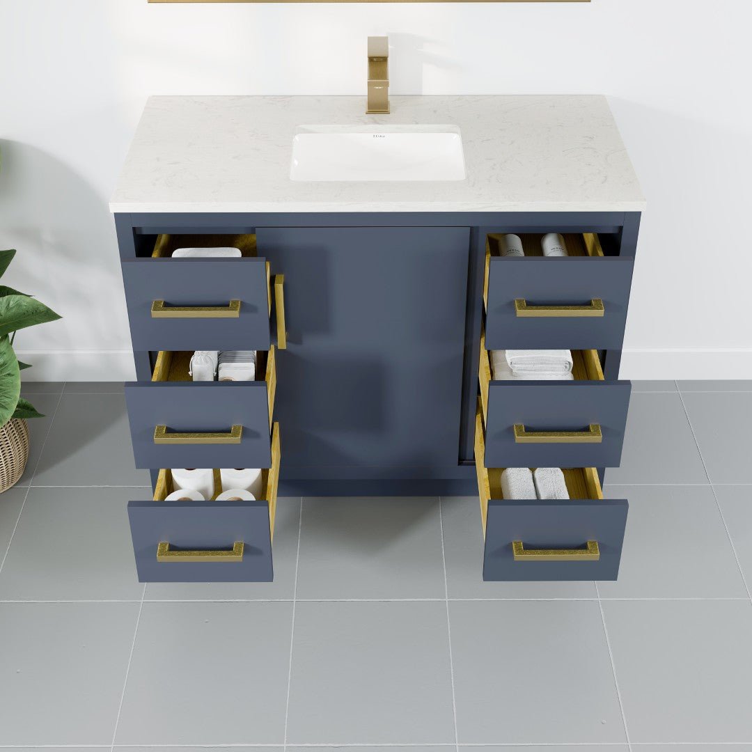 Curio 42 in. Dark Blue Single Sink Bath Vanity with Carrara Quartz Top and Undermount Porcelain Sink - Bathroom Vanity by Eviva