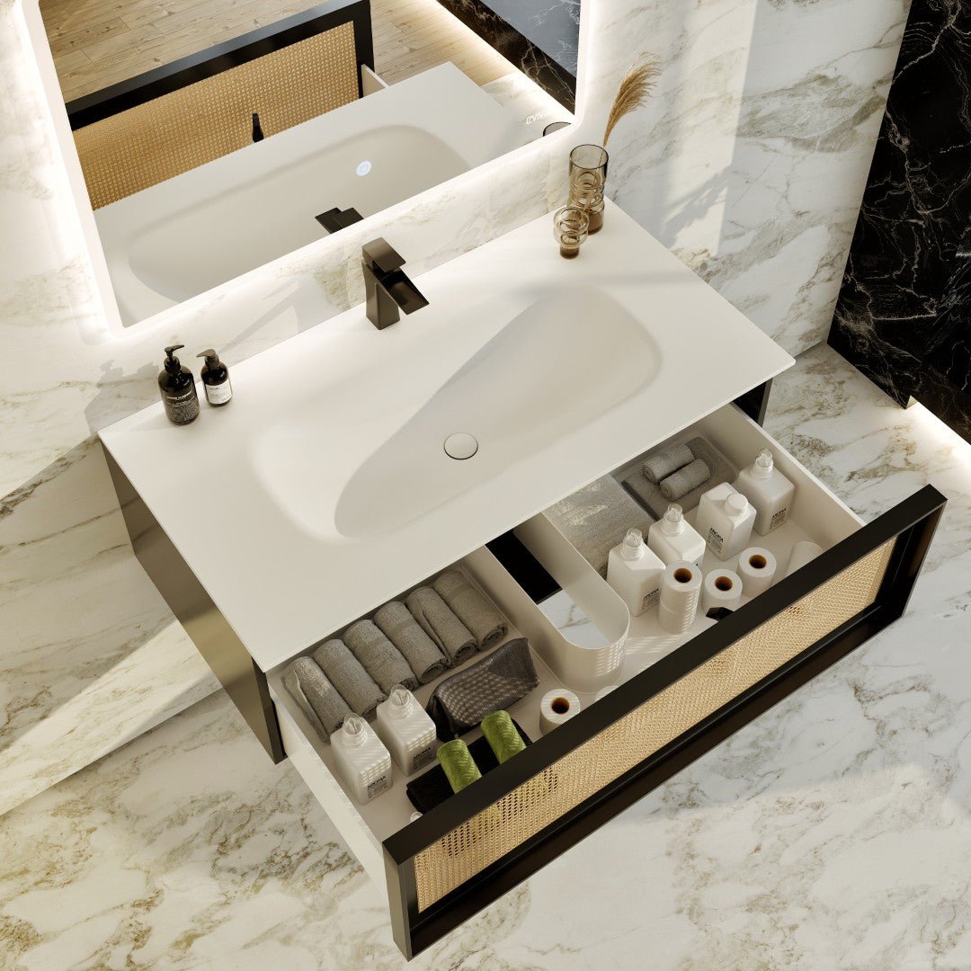 Nets 44 in. Natural Oak/Black Wall Mount Single Sink Bath Vanity with Solid Surface Top and Integrated Sink - Bathroom Vanity by Eviva