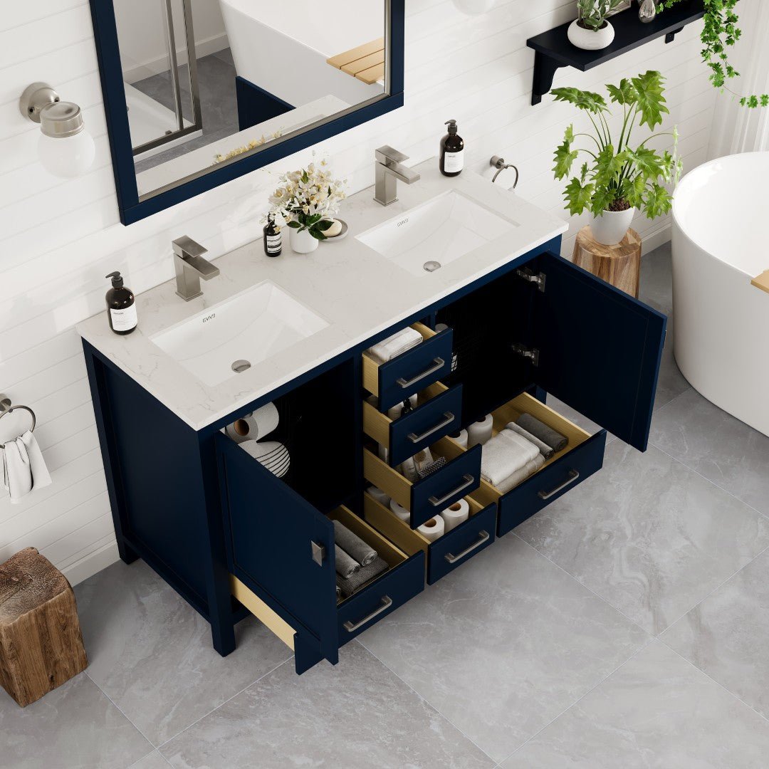 London 48 in. Blue Double Sink Bath Vanity with Carrara Quartz Top and Undermount Porcelain Sinks - Bathroom Vanity by Eviva