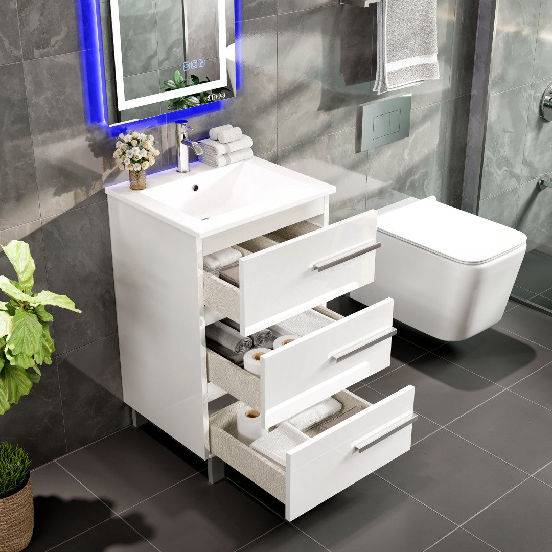 Deluxe 24 in. White Single Sink Bath Vanity with Porcelain Top and Integrated Sink