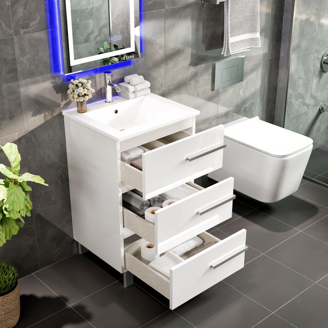 Deluxe 24 in. White Single Sink Bath Vanity with Porcelain Top and Integrated Sink - Bathroom Vanity by Eviva
