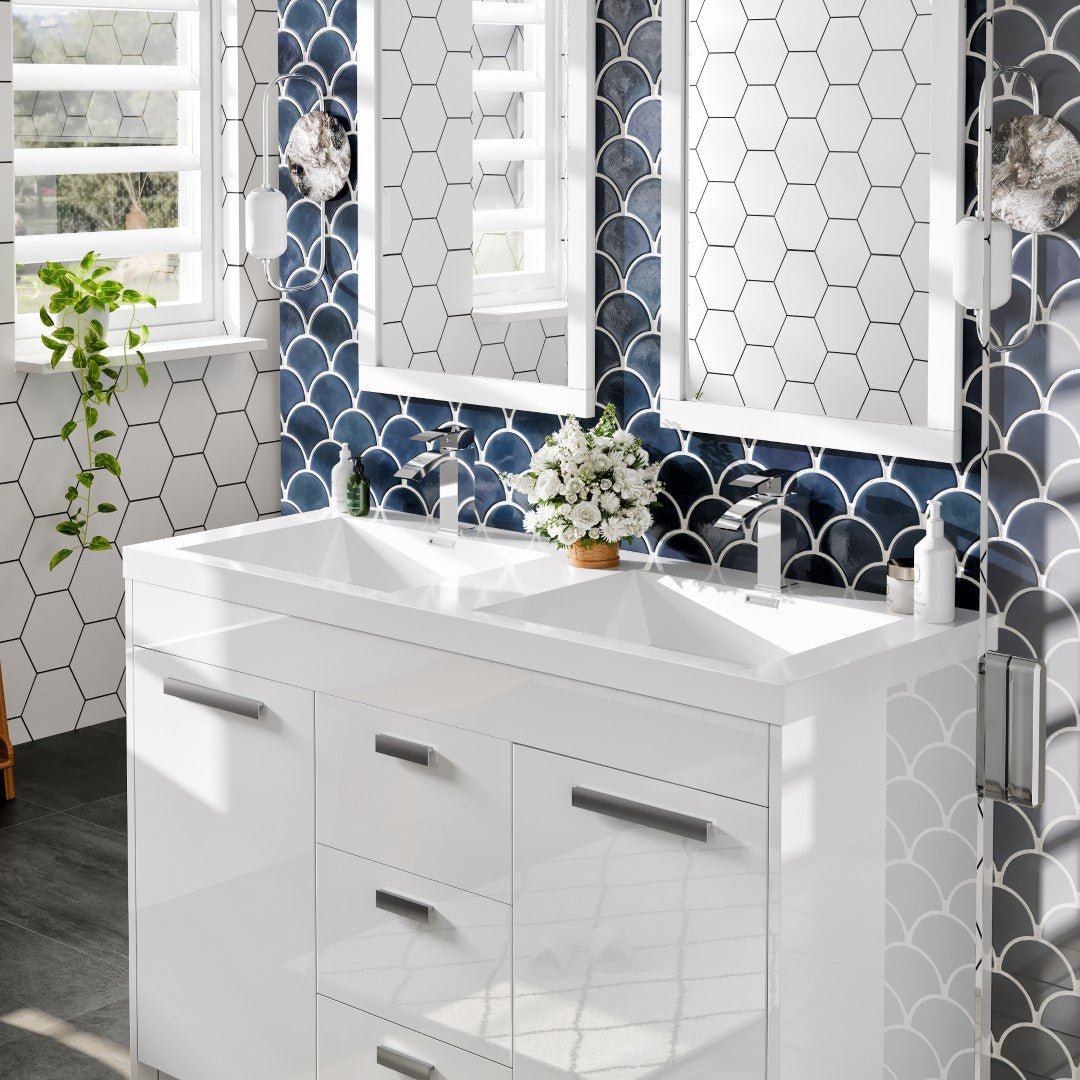 Lugano 48 in. White Double Sink Bath Vanity with Acrylic Top and Integrated Sinks - Bathroom Vanity by Eviva