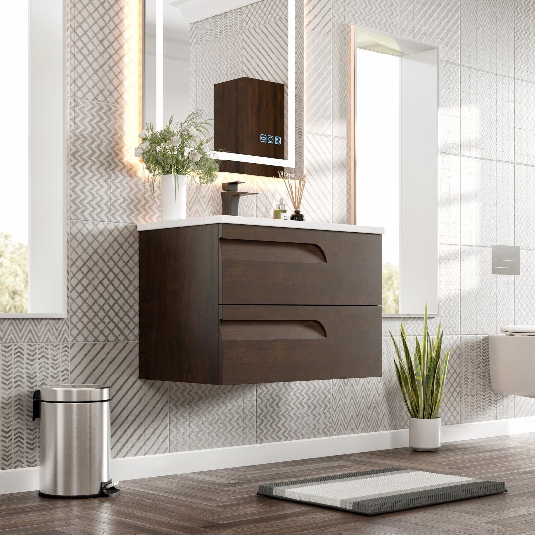 Joy 32 in. Rosewood Wall Mount Single Sink Bath Vanity with Porcelain Top and Integrated Sink - Bathroom Vanity by Eviva