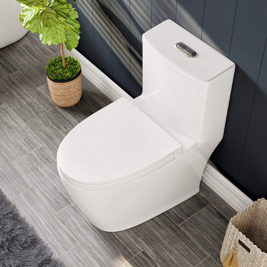 Eviva Zion one-piece toilet with a closed front, set in a modern bathroom