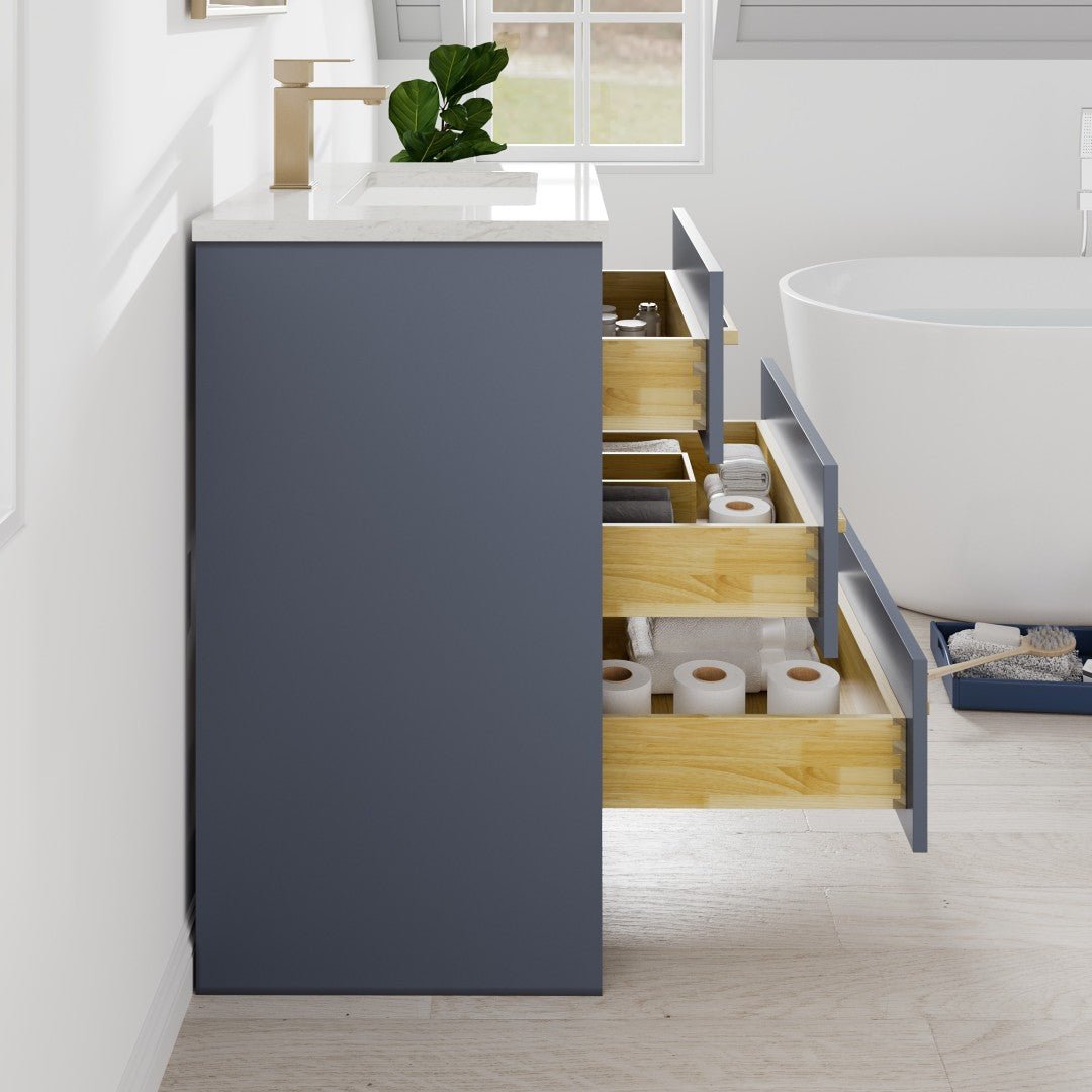 Curio 24 in. Dark Blue Single Sink Bath Vanity with Carrara Quartz Top and Undermount Porcelain Sink - Bathroom Vanity by Eviva