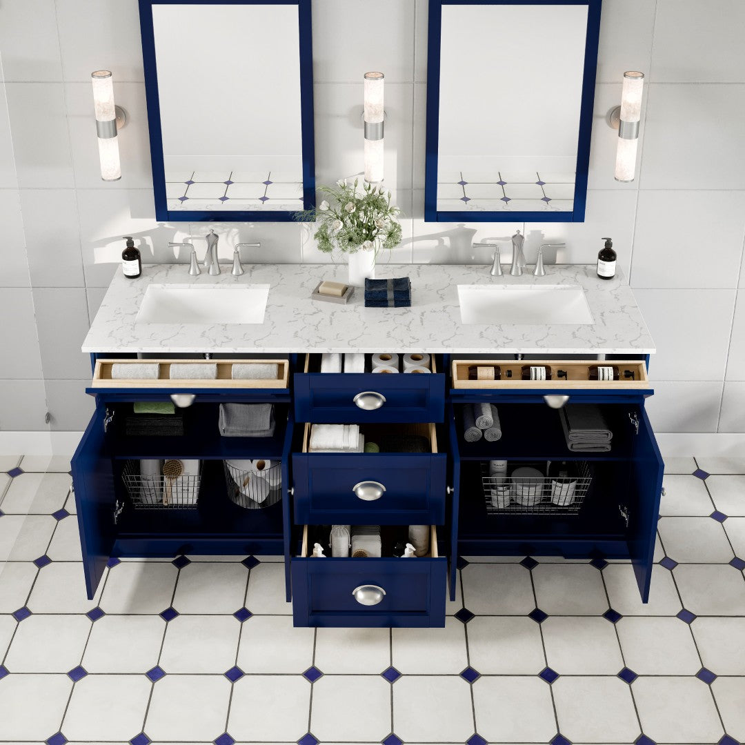 Epic 72 in. Blue Double Sink  Bath Vanity with Carrara Quartz Top and Undermount Porcelain Sinks