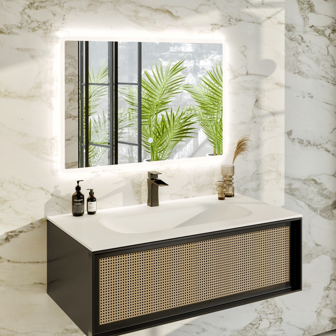 Nets 44 in. Natural Oak/Black Wall Mount Single Sink Bath Vanity with Solid Surface Top and Integrated Sink