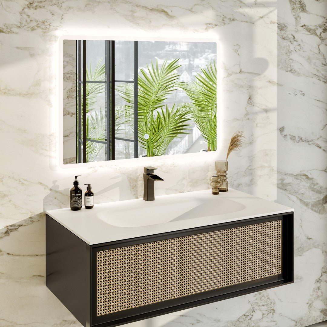 Nets 44 in. Natural Oak/Black Wall Mount Single Sink Bath Vanity with Solid Surface Top and Integrated Sink - Bathroom Vanity by Eviva