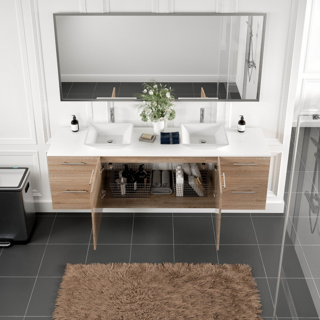 Luxy 72 in. White Oak Wall Mount Double Sink Bath Vanity with White Quartz Top and Vessel Porcelain Sinks