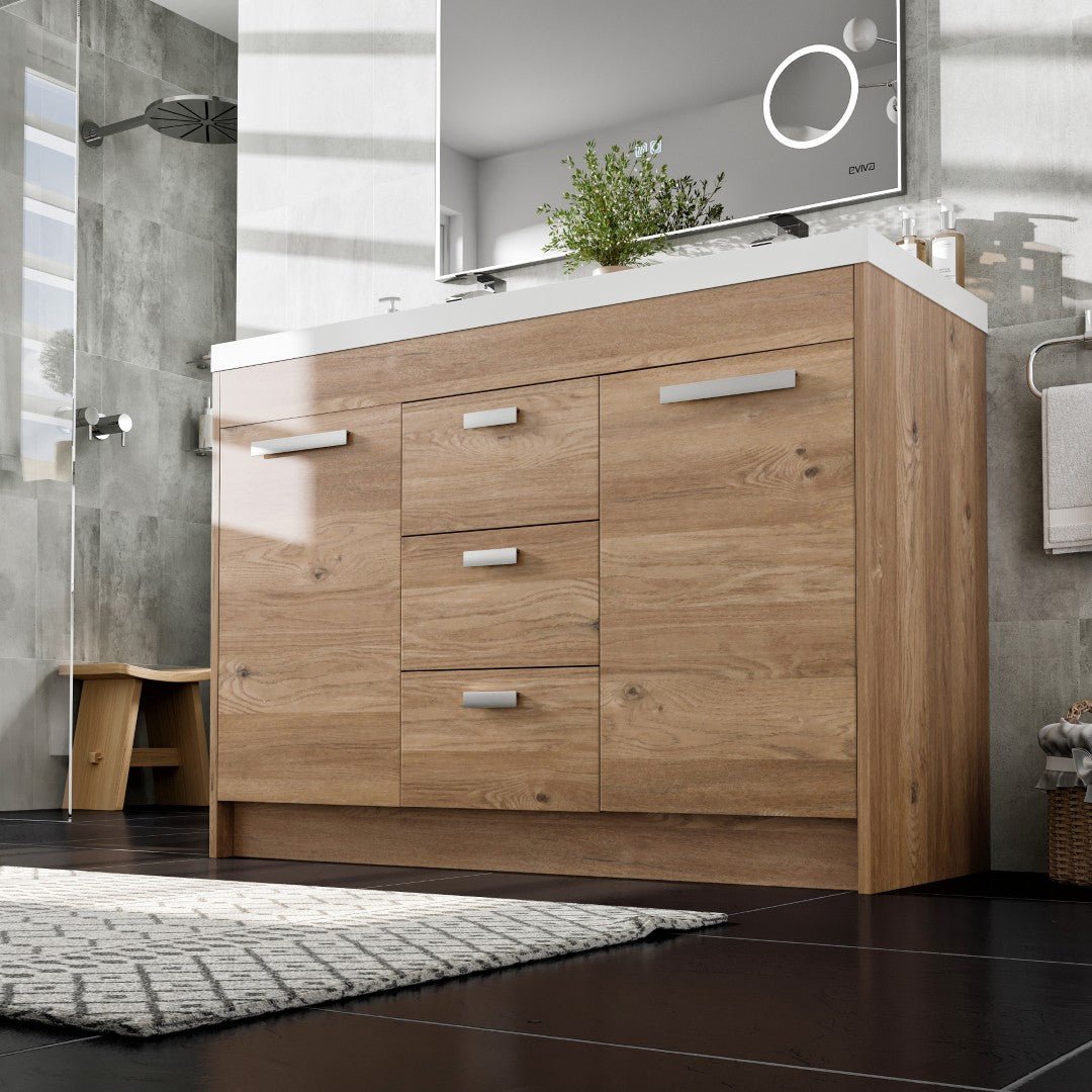 Lugano 48 in. Natural Oak Double Sink Bath Vanity with Acrylic Top and Integrated Sinks - Bathroom Vanity by Eviva