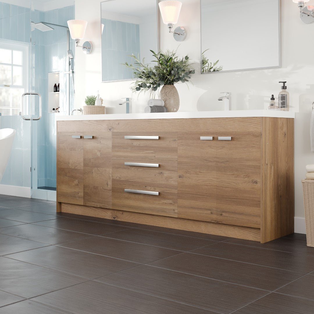 Lugano 84 in. Natural Oak Double Sink Bath Vanity with Acrylic Top and Integrated Sinks - Bathroom Vanity by Eviva