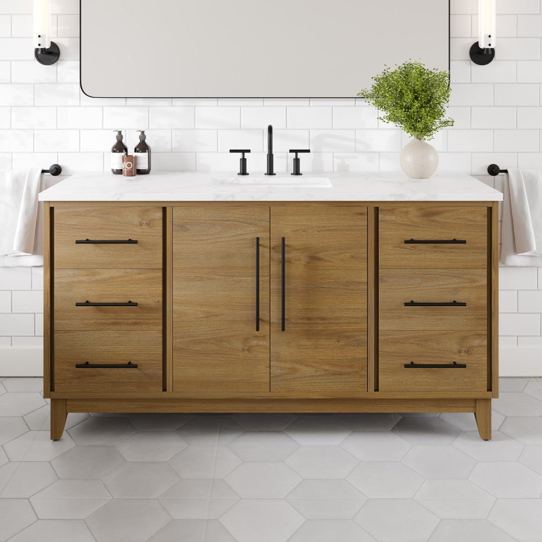 Graham 60 in. Oak Single Sink Bath Vanity with Arabescato Engineered Stone Top and Undermount Porcelain Sink - Bathroom Vanity by Eviva