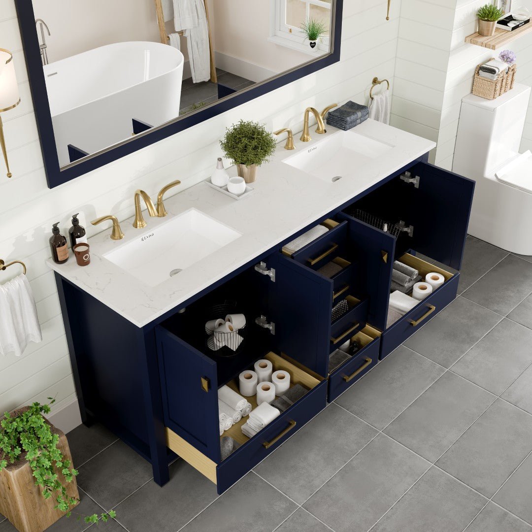 Aberdeen 78 in. Blue Double Sink Bath Vanity with Carrara Quartz Top and Undermount Porcelain Sinks - Bathroom Vanity by Eviva