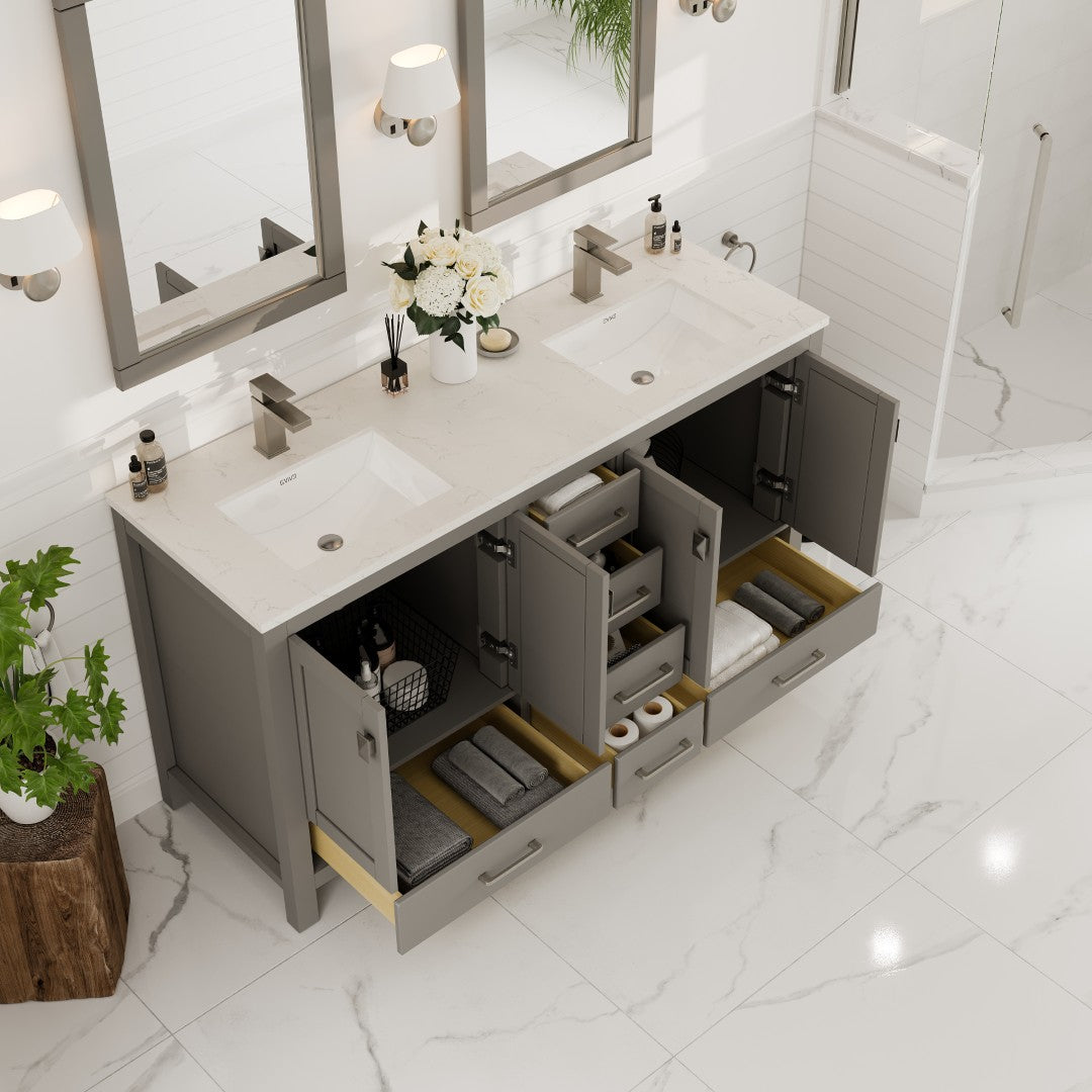 London 60 in. Gray Double Sink Bath Vanity with Carrara Quartz Top and Undermount Porcelain Sinks