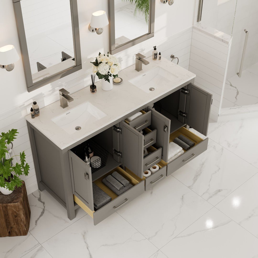 London 60 in. Gray Double Sink Bath Vanity with Carrara Quartz Top and Undermount Porcelain Sinks - Bathroom Vanity by Eviva