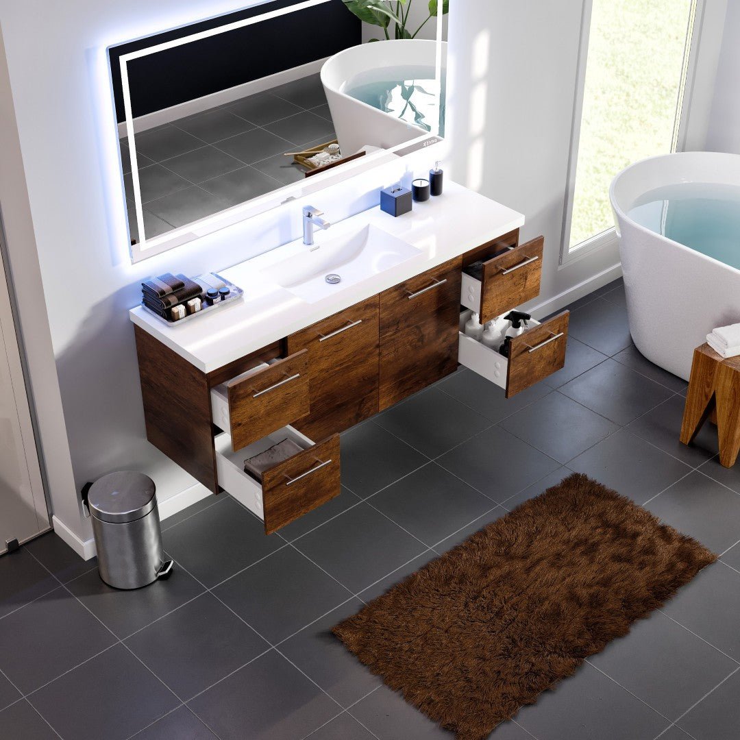 Axel 59 in. Rosewood Wall Mount Single Sink Bath Vanity with Acrylic Top and Integrated Sink - Bathroom Vanity by Eviva