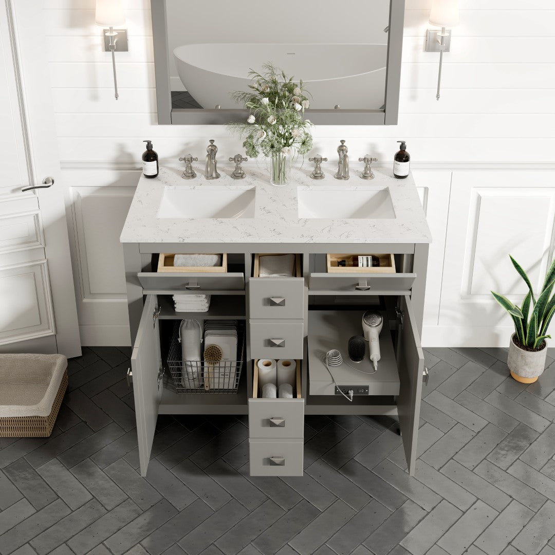 Artemis 44 in. Gray Double Sink Bath Vanity with Engineered Top and Undermount Porcelain Sinks