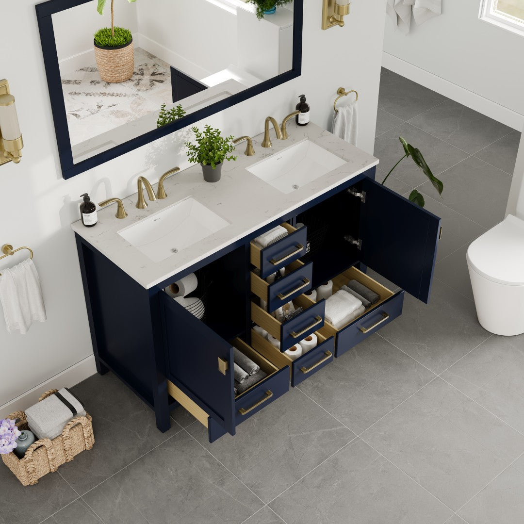 Aberdeen 48 in. Blue Double Sink Bath Vanity with Carrara Quartz Top and Undermount Porcelain Sinks