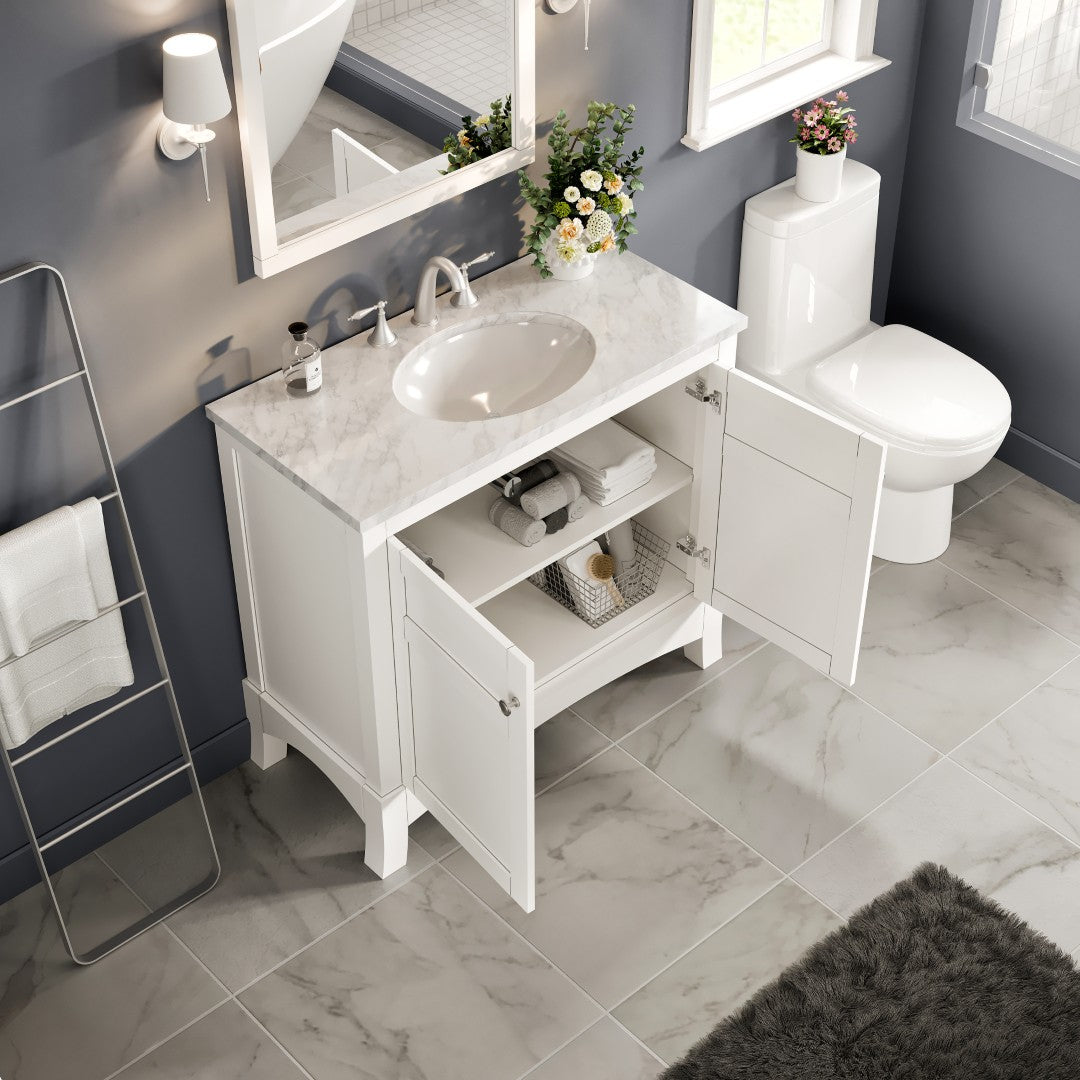 New York 36 in. White Single Sink Bath Vanity with Carrara Marble Top and Undermount Porcelain Sink