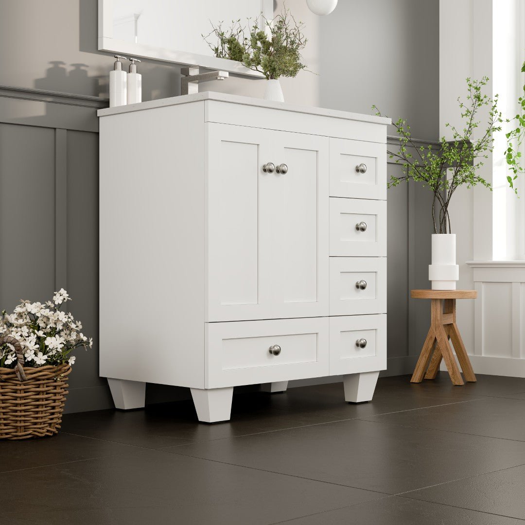 Happy 30 in. White Single Sink Bath Vanity with Carrara Quartz Top and Undermount Porcelain Sink - Bathroom Vanity by Eviva