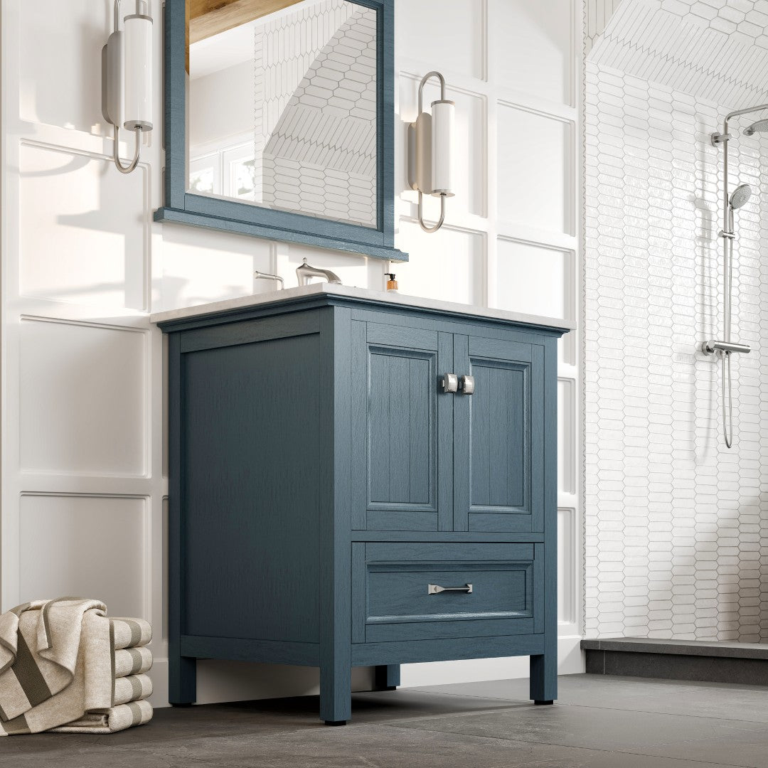 Eviva Britney 30 Inch Transitional Ash Blue Bathroom Vanity with Carrera Marble Top