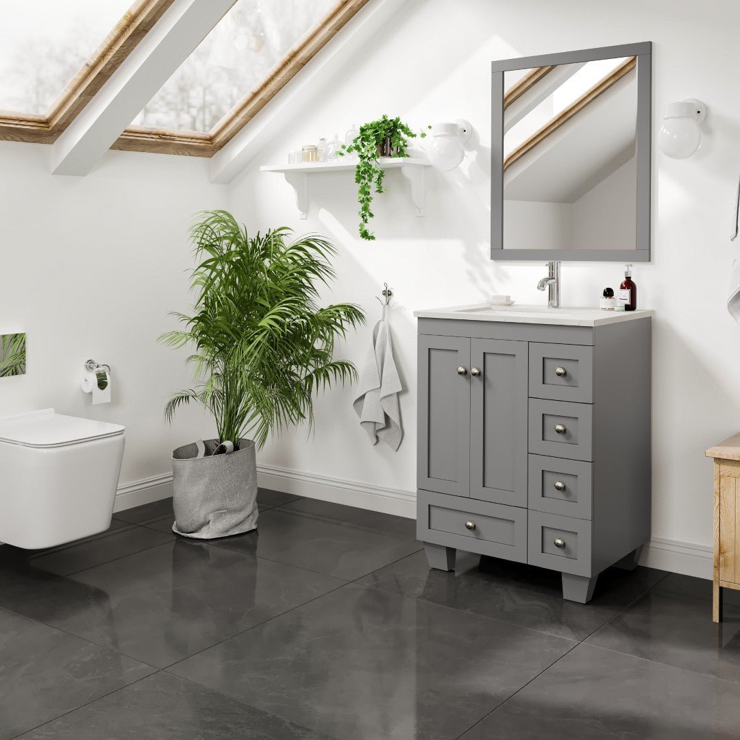 Happy 24 in. Gray Single Sink Bath Vanity with Carrara Quartz Top and Undermount Porcelain Sink - Bathroom Vanity by Eviva