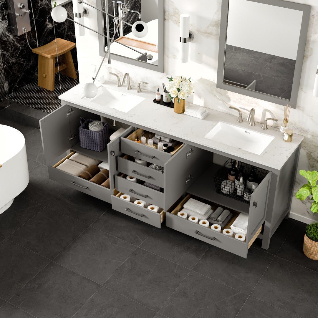 Aberdeen 84 in. Gray Double Sink Bath Vanity with Carrara Quartz Top and Undermount Porcelain Sinks - Bathroom Vanity by Eviva