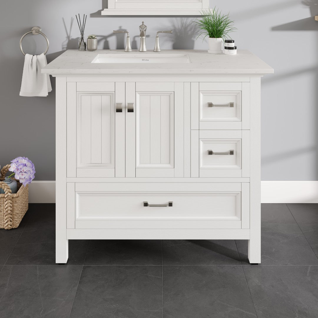 Britney 36 in. White Single Sink Bath Vanity with Carrara Quartz Top and Undermount Porcelain Sink