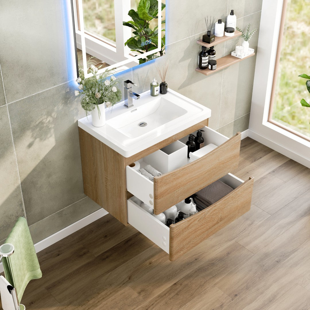 Smile 30 in. White Oak Wall Mount Single Sink Bath Vanity with Acrylic Top and Integrated Sink