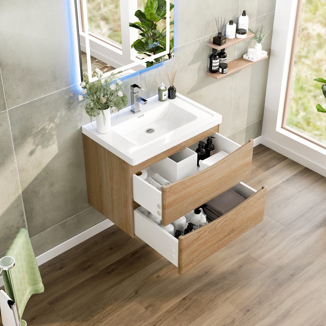 Smile 30 in. White Oak Wall Mount Single Sink Bath Vanity with Acrylic Top and Integrated Sink - Bathroom Vanity by Eviva