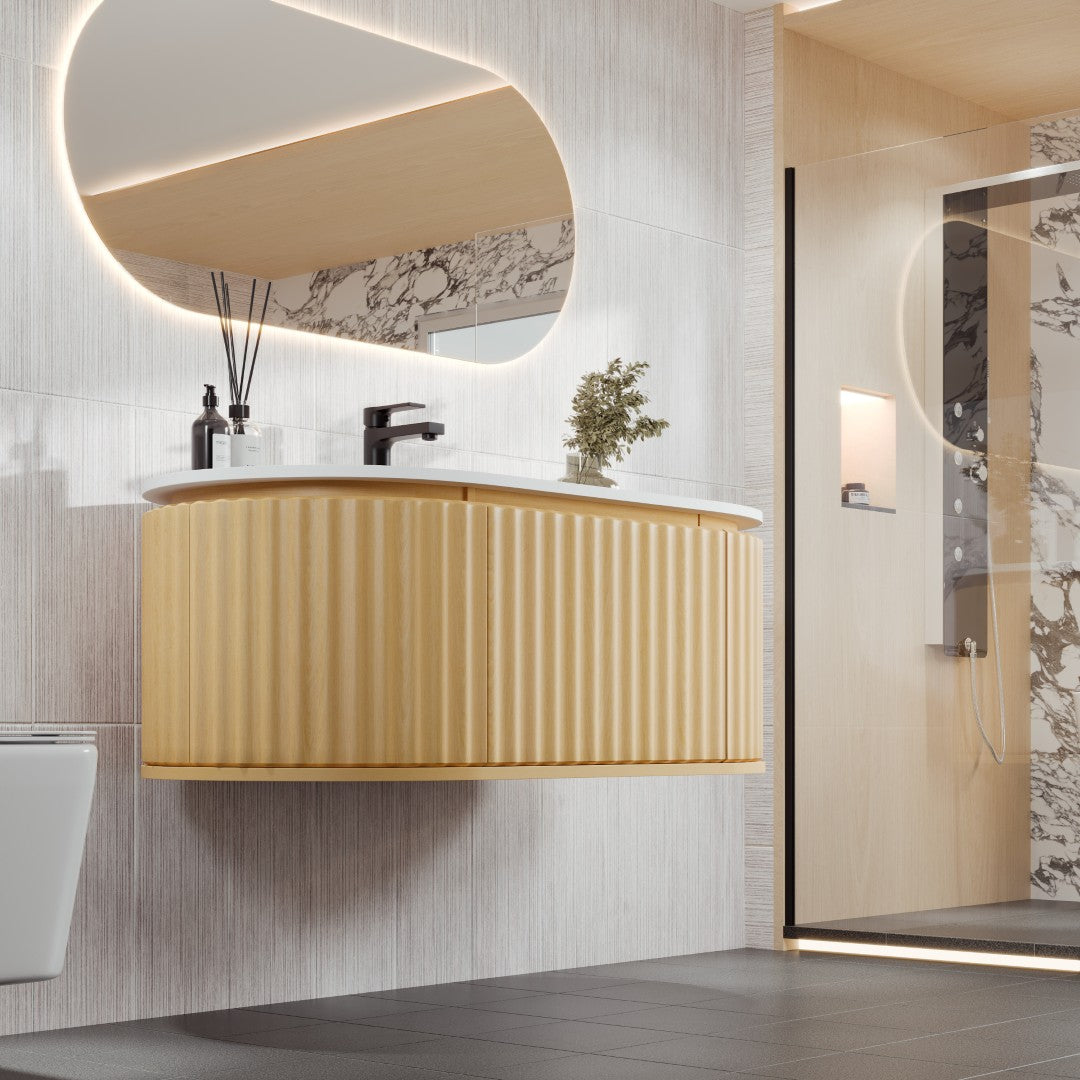 Haven 39 in. Natural Oak Wall Mount Single Sink Bath Vanity with Solid Surface Top and Integrated Sink