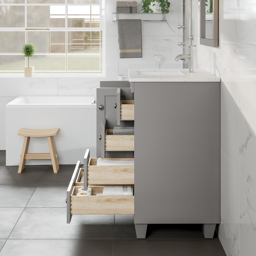 Happy 28 in. Gray Single Sink Bath Vanity with Carrara Quartz Top and Undermount Porcelain Sink