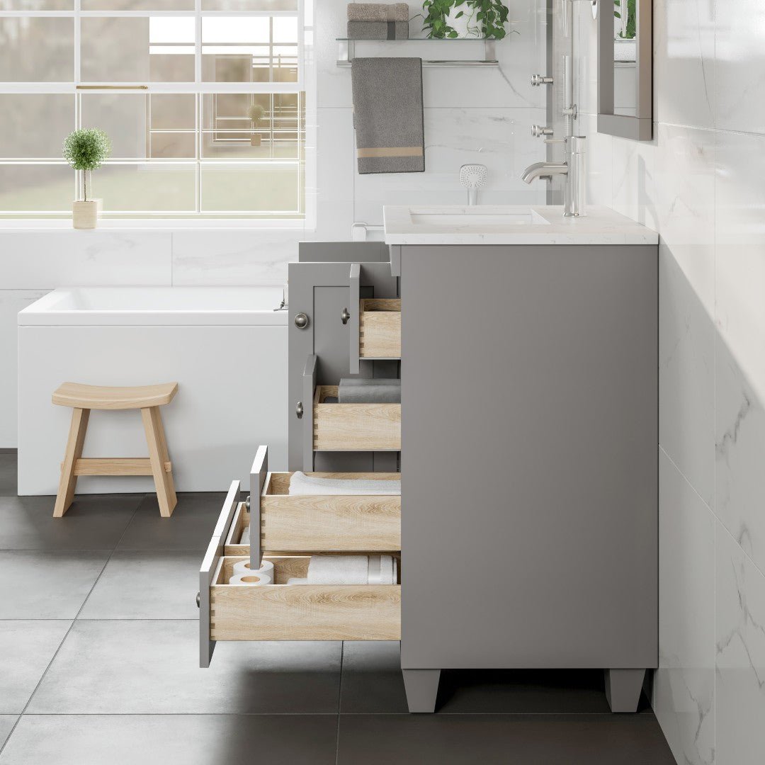 Happy 28 in. Gray Single Sink Bath Vanity with Carrara Quartz Top and Undermount Porcelain Sink - Bathroom Vanity by Eviva