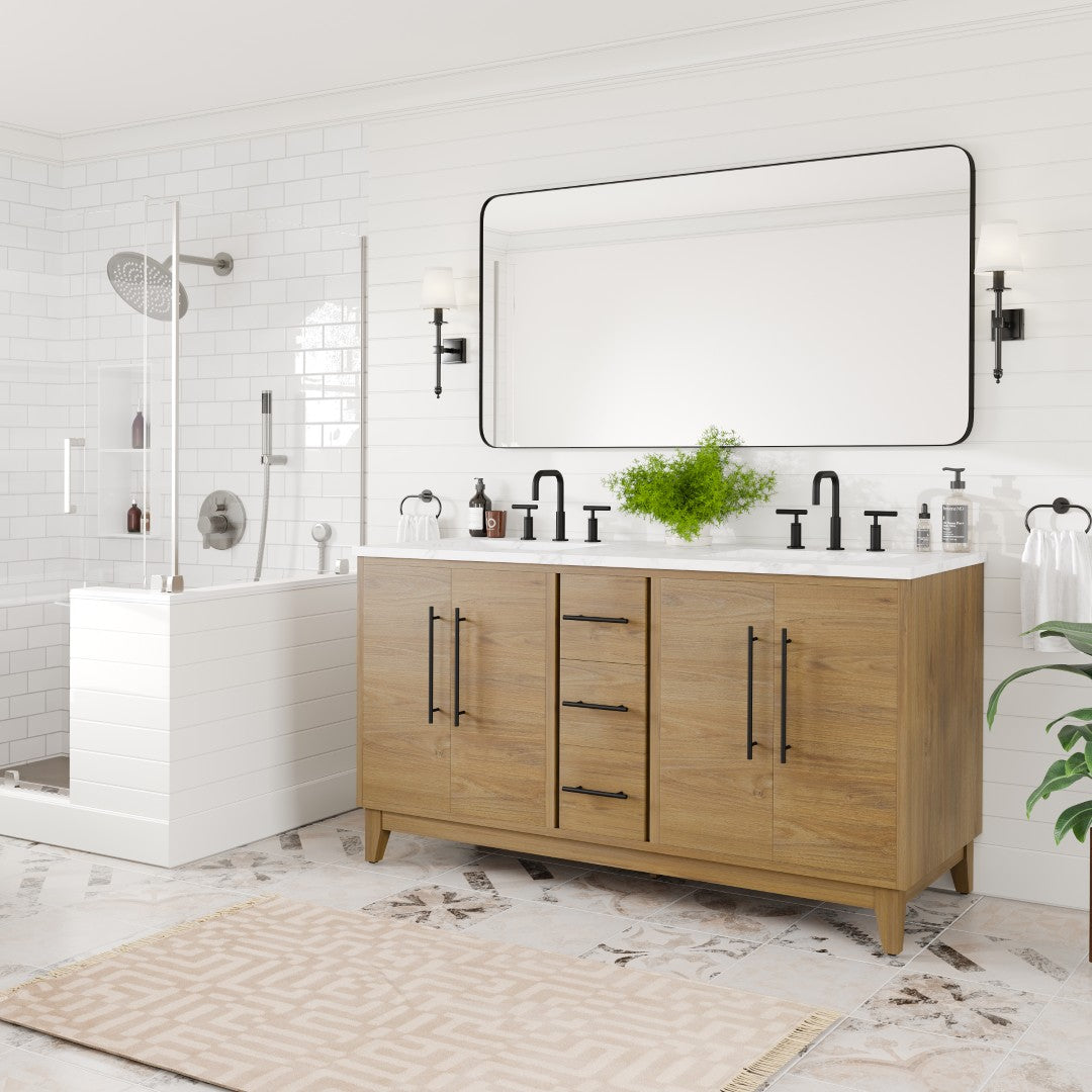 Graham 60 in. Oak Double Sink Bath Vanity with Arabescato Engineered Stone Top and Undermount Porcelain Sinks